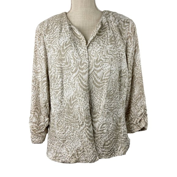 Coldwater Creek Jacquard Animal‎ Print Blazer Womens PL Beige Open Front Ruched - Picture 1 of 12